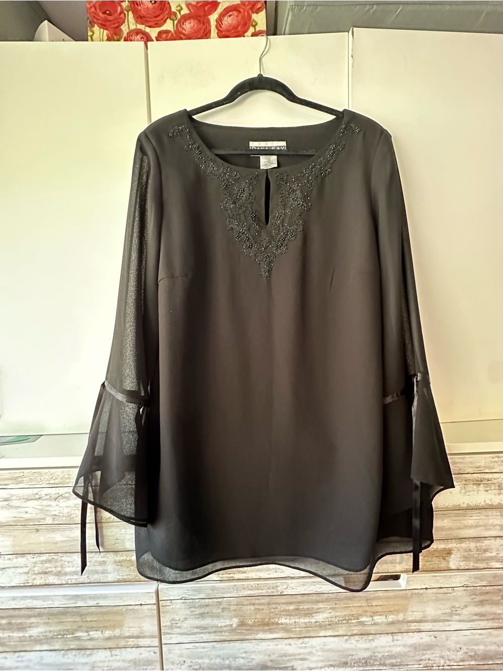 🖤 Dana Kay Black Beaded Chiffon Tunic Top 14W Bell Sleeve Evening Plus